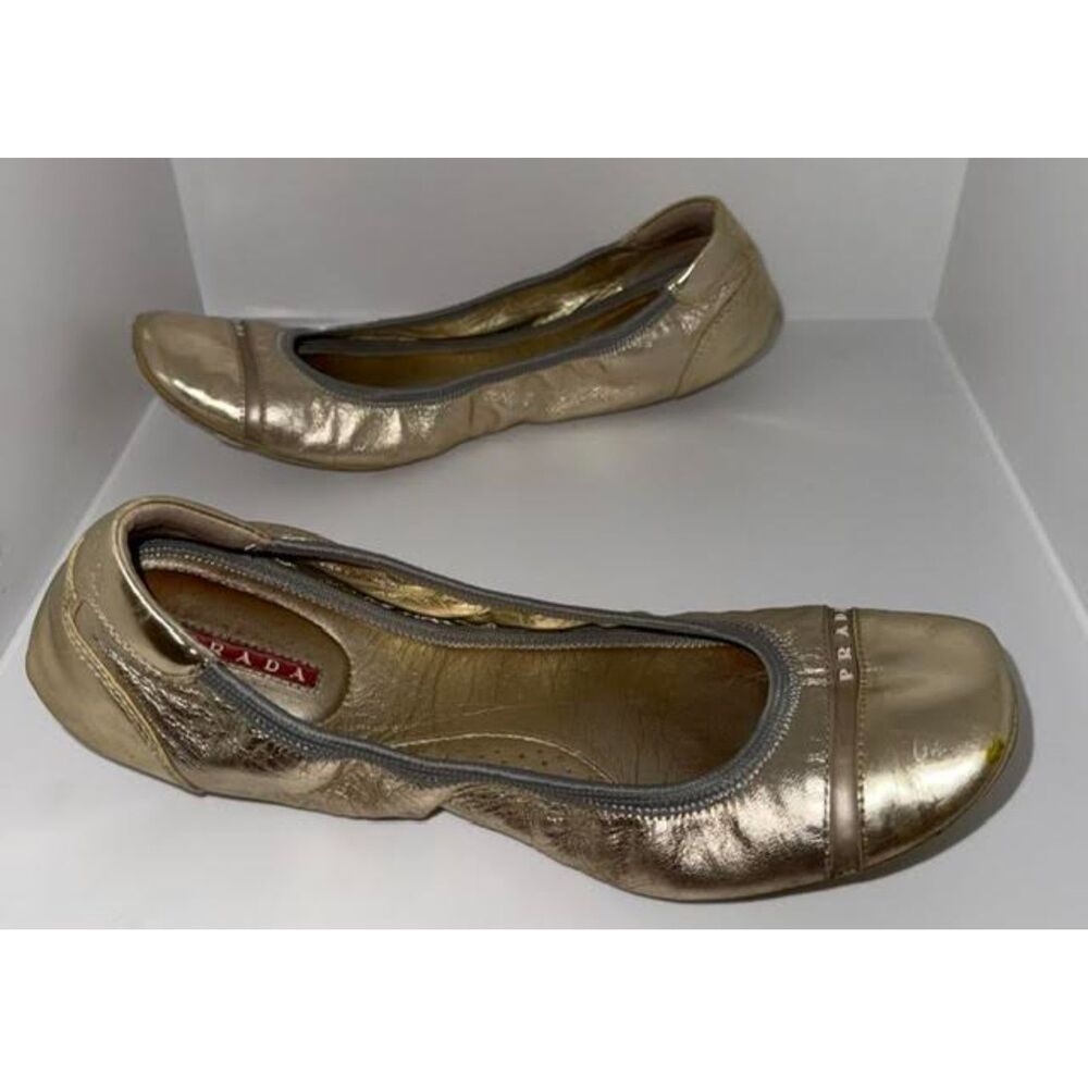 Vintage Prada Sport Gold Ballet Flats | Y2K Designer Metallic Leather Shoes - Picture 3 of 11